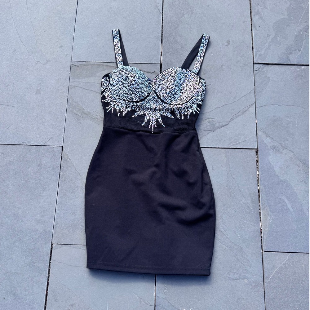 Vanilla Bella Mini Dress Women Small Black Rhinestone Bustier Mesh Bodycon NEW